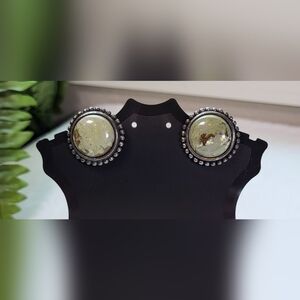 Green Jasper and Antiqued Silver Round Stud Earrings / Pierced
